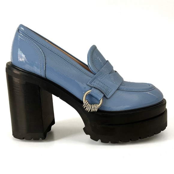 AGL Tasky Patent Leather Platform Penny Loafer Heels in Sky Blue NEW - Picture 1 of 15